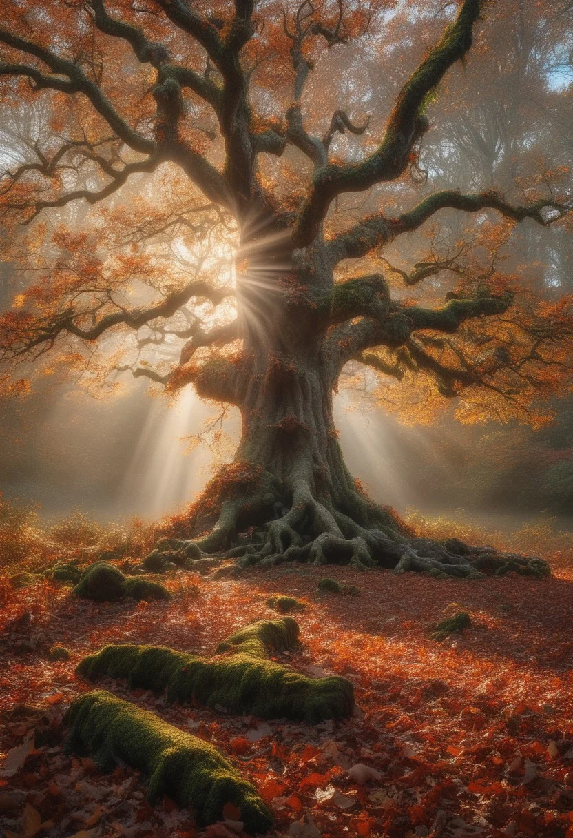 A cinematic aerial shot of an ancient oak tree standing alone in the center of a vast forest, its gnarled branches twisting into the autumn sky. The tree’s leaves are a dazzling mix of gold, fiery red, and deep orange, shimmering in the soft, golden hour light. The forest floor is carpeted with fallen leaves, rich in earthy tones, while a faint mist drifts between the trees. Surrounding the oak, mushrooms and moss-covered roots create an enchanted, otherworldly atmosphere. Sunbeams break through the canopy, casting ethereal light beams that highlight the timeless beauty of this autumn scene, with a slight breeze causing the leaves to flutter in slow motion. The scene feels both ancient and alive, as though the oak is a guardian of the changing seasons.