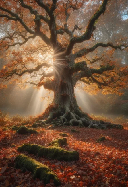 A cinematic aerial shot of an ancient oak tree standing alone in the center of a vast forest, its gnarled branches twisting into the autumn sky. The tree’s leaves are a dazzling mix of gold, fiery red, and deep orange, shimmering in the soft, golden hour light. The forest floor is carpeted with fallen leaves, rich in earthy tones, while a faint mist drifts between the trees. Surrounding the oak, mushrooms and moss-covered roots create an enchanted, otherworldly atmosphere. Sunbeams break through the canopy, casting ethereal light beams that highlight the timeless beauty of this autumn scene, with a slight breeze causing the leaves to flutter in slow motion. The scene feels both ancient and alive, as though the oak is a guardian of the changing seasons.