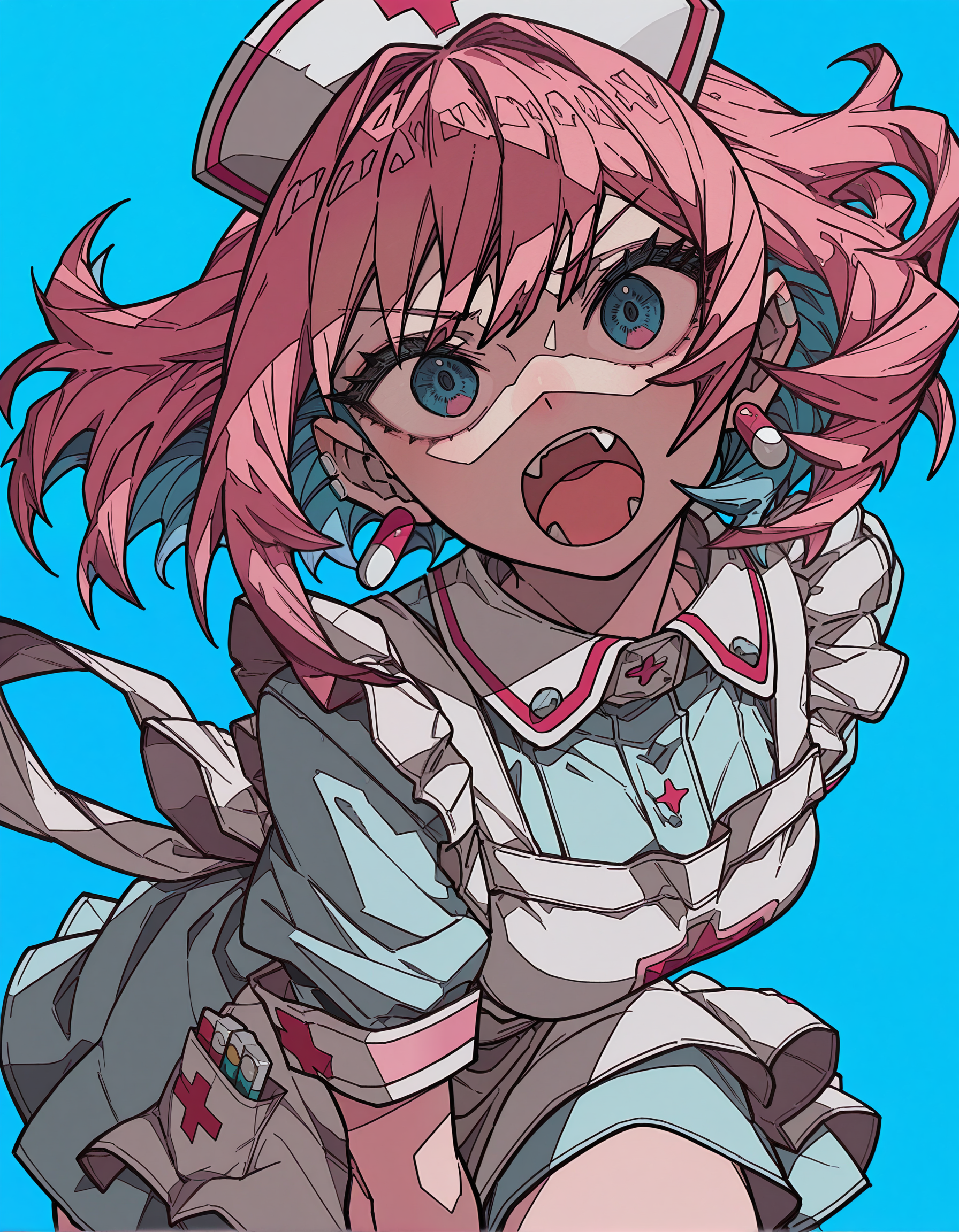 incredibly absurdres, masterpiece, absurdres, high quality,7A3IFRHPR_illu, <lora:hwm4to7A3IFRHPR:1>,ligne claire, dynamic pose, 1girl, solo, pink hair, blue background, apron, earrings, multicolored hair, fang, jewelry, open mouth, hat, pill earrings, nurse cap, blue hair, simple background