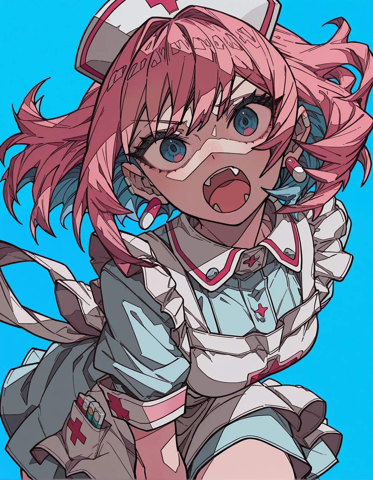 incredibly absurdres, masterpiece, absurdres, high quality,7A3IFRHPR_illu, <lora:hwm4to7A3IFRHPR:1>,ligne claire, dynamic pose, 1girl, solo, pink hair, blue background, apron, earrings, multicolored hair, fang, jewelry, open mouth, hat, pill earrings, nurse cap, blue hair, simple background