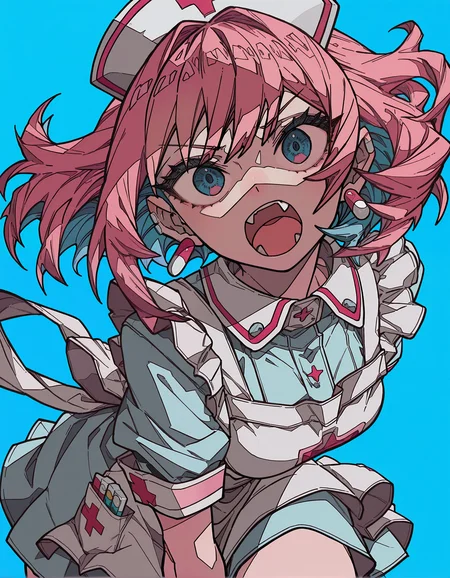 incredibly absurdres, masterpiece, absurdres, high quality,7A3IFRHPR_illu, <lora:hwm4to7A3IFRHPR:1>,ligne claire, dynamic pose, 1girl, solo, pink hair, blue background, apron, earrings, multicolored hair, fang, jewelry, open mouth, hat, pill earrings, nurse cap, blue hair, simple background