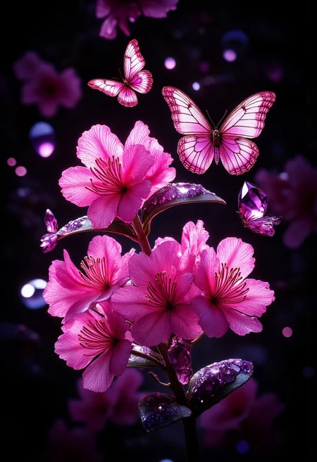 bright pink rhododendron flowers and bright pink butterflies against a pitch black background. Picturesque, surreal, vibrant glow, bokeh, 8k,
perfection style, detailed background, aidmaMJ6.1, vivid color, simple background, aidmaMJ6.1, sparkling amethyst crystals