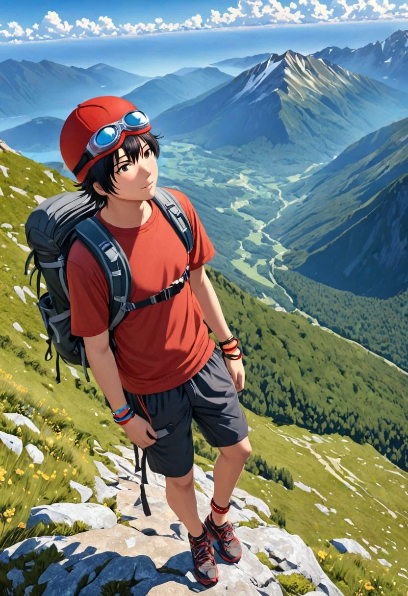 Highres, Masterpiece, High Quality, 4K, Yuusuke Fujisaki, 1boy, solo, black hair, hiking gear, hiking to the mountain, top of mountain, Realistic Light, candid photo, red hat, goggles, bracelet, anklet