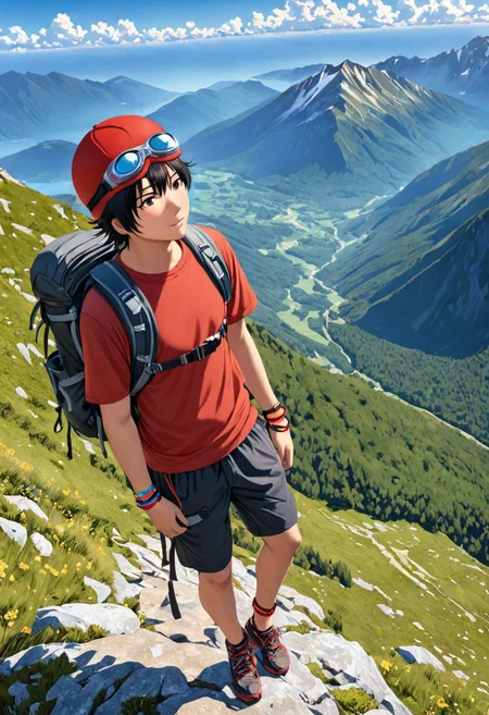 Highres, Masterpiece, High Quality, 4K, Yuusuke Fujisaki, 1boy, solo, black hair, hiking gear, hiking to the mountain, top of mountain, Realistic Light, candid photo, red hat, goggles, bracelet, anklet