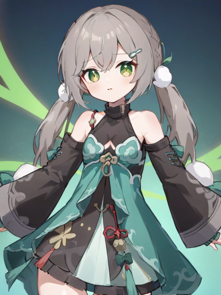 <lora:xl_qingque girl2:1>,qingque girl,grey hair,green eyes,Special clothing,twintails,