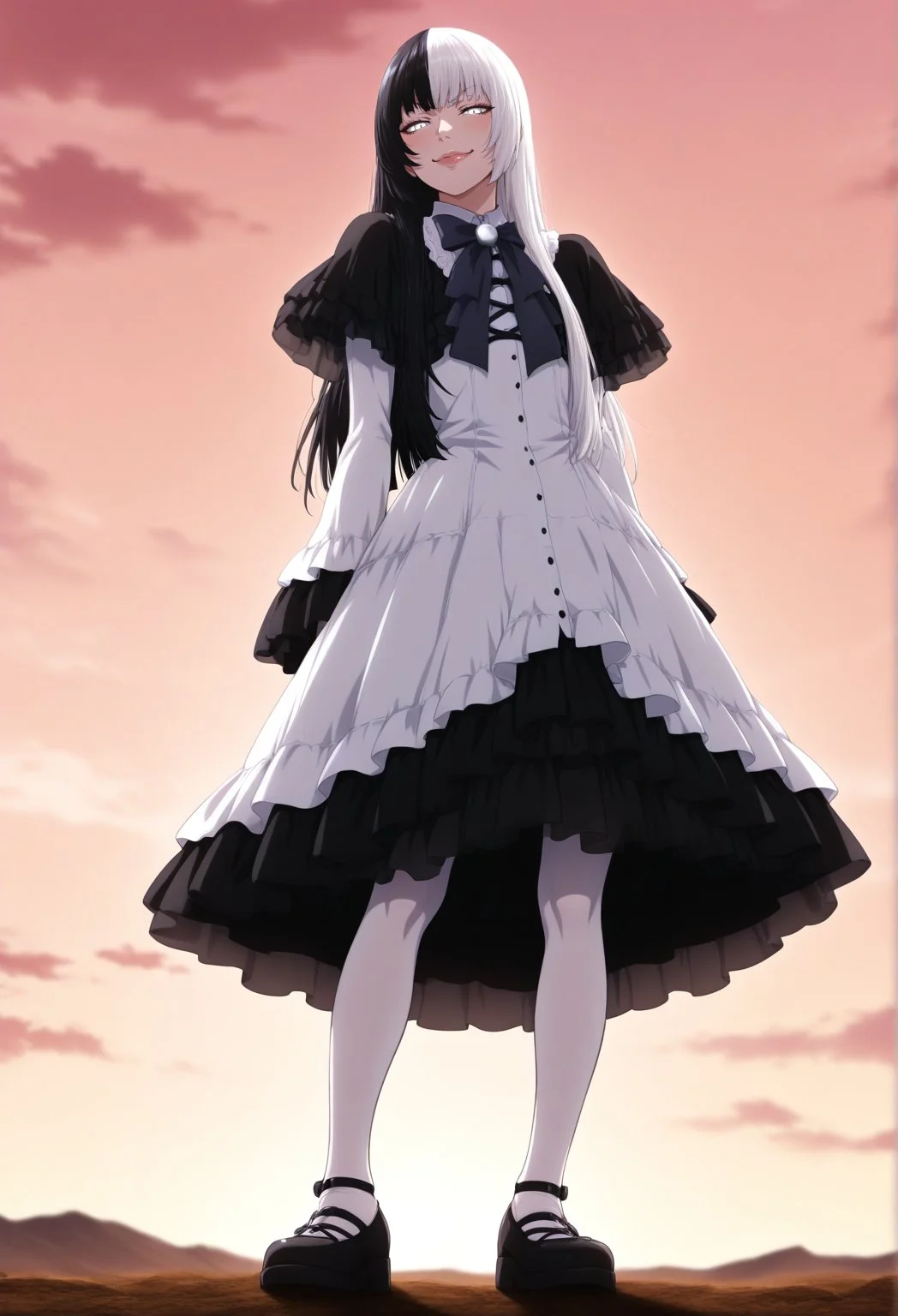 anime_coloring, solo, 1boy, otoko_no_ko, jiip_stomach, split-color_hair, black hair, white hair, dress, gothic dress, white dress, white eyes, lips, outside, sky, smug, white stockings, black shoes, full body