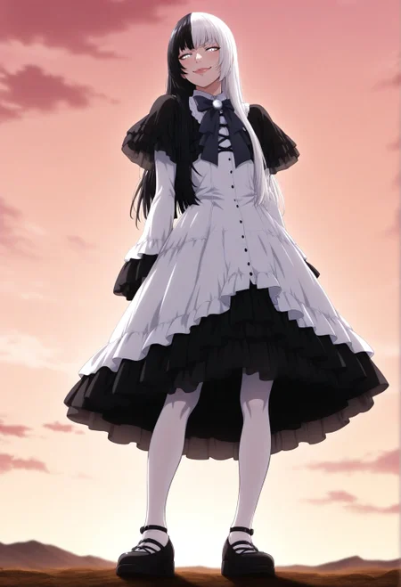 anime_coloring, solo, 1boy, otoko_no_ko, jiip_stomach, split-color_hair, black hair, white hair, dress, gothic dress, white dress, white eyes, lips, outside, sky, smug, white stockings, black shoes, full body