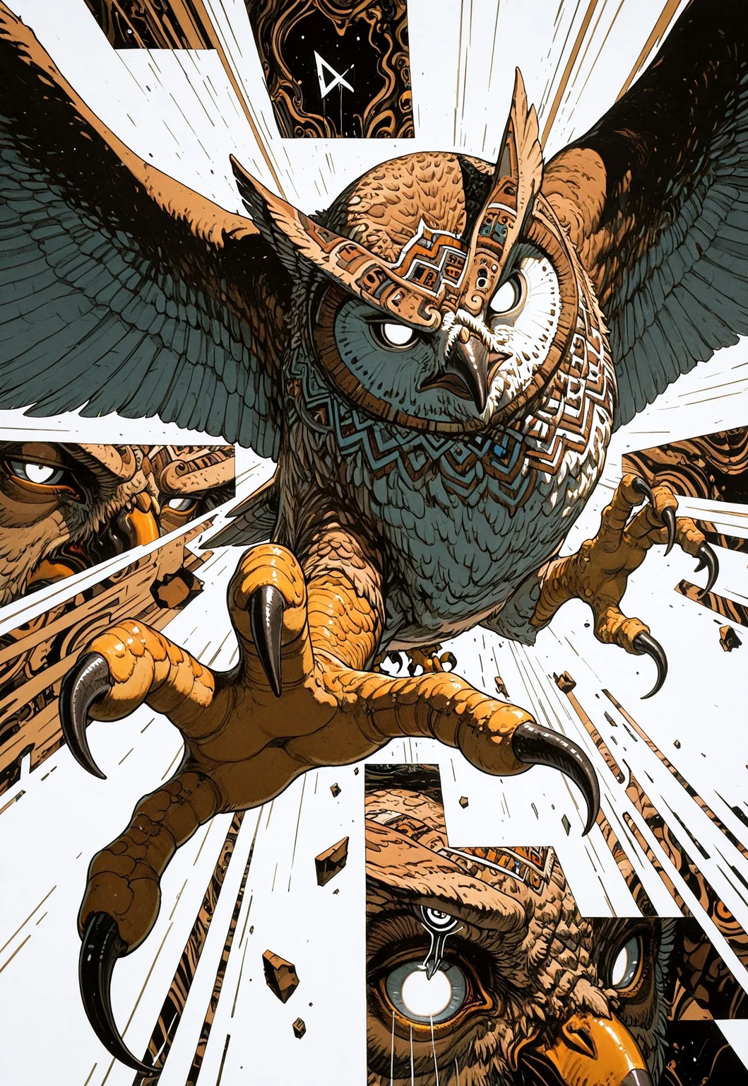 masterpiece, best quality, absurdres, 8k,, owl, open talons, wings, no humans, white eyes, (checkerboard background), (blending), looking at viewer, ((foreshortening)), ((depth)), (motion lines:1.2), talon focus, fantasy, rim lighting,(aztec pattern:0.8), streaks of color, liminal space, fragmented composition, overlapping square views, triangular elements, trippy, detailed shading, fourth wall, through medium, ink style, (ligne claire:0.8), avant garde,