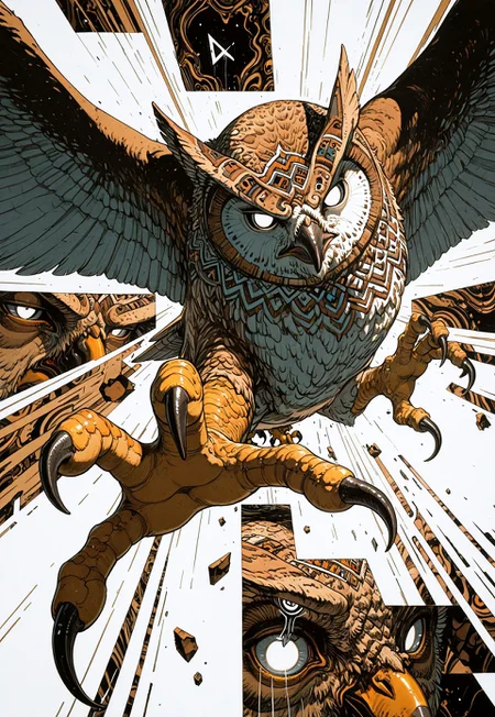 masterpiece, best quality, absurdres, 8k,, owl, open talons, wings, no humans, white eyes, (checkerboard background), (blending), looking at viewer, ((foreshortening)), ((depth)), (motion lines:1.2), talon focus, fantasy, rim lighting,(aztec pattern:0.8), streaks of color, liminal space, fragmented composition, overlapping square views, triangular elements, trippy, detailed shading, fourth wall, through medium, ink style, (ligne claire:0.8), avant garde,


