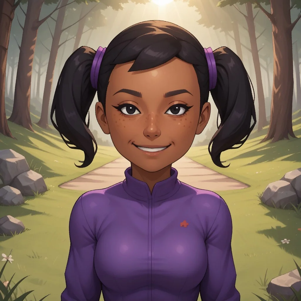 score_9, score_8, BREAK, solo, mii, wii, wii sports, 1girl, female mii, dark skin, dark skin female, freckles, black hair, twintails, black eyes, smile, purple clothing, black leggings, shoes, cute, Miyu_(\Wii_Sports\), Nintendo Mii, modern_mii, classic_mii, breasts, sexy pose, smile, outdoors, sunlight, shadows, evening lighting, natural lighting, forest, trees, grass, orange sky, sunset