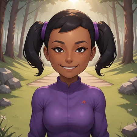 score_9, score_8, BREAK, solo, mii, wii, wii sports, 1girl, female mii, dark skin, dark skin female, freckles, black hair, twintails, black eyes, smile, purple clothing, black leggings, shoes, cute, Miyu_(\Wii_Sports\), Nintendo Mii, modern_mii, classic_mii, breasts, sexy pose, smile, outdoors, sunlight, shadows, evening lighting, natural lighting, forest, trees, grass, orange sky, sunset