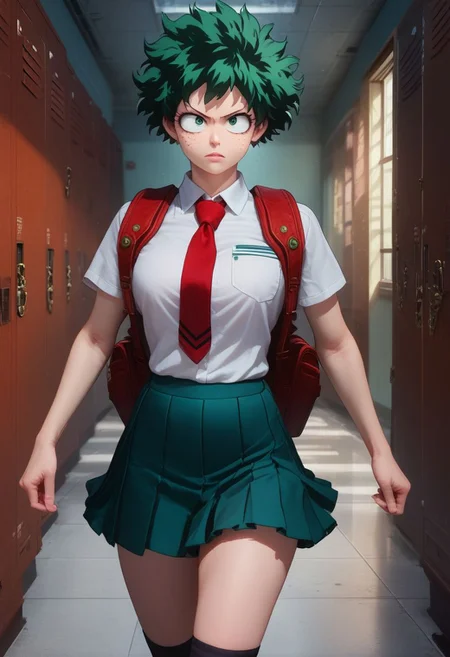 score_9, score_8_up, score_7_up, dynamic pose, upper body, cinematic lighting, volumetric lighting, high-detailed, 4k, Expressiveh, concept art, digital art, realistic, izuku_midoriya, green hair, green eyes, short hair, genderswap \(mtf\), skirt, shirt, school uniform, white shirt, short sleeves, pleated skirt, necktie, socks, collared shirt, kneehighs, red necktie, black socks, u.a. school uniform, close up shot, school hallway, lockers in background, walking confidently, serious expression, backpack over shoulder, intense expression, fast walking, motion, motion blur,