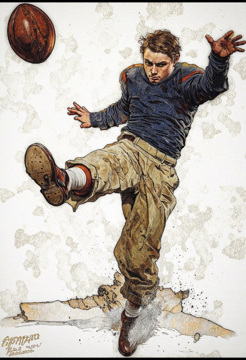 Art by Norman Rockwell. A highly detailed and realistic digital illustration of a football player in mid-air, kicking a football. the image is signed "cyberpunk 2077" in the bottom right corner and features a stylized illustration of the player in a dynamic pose. the player, who appears to be in his mid-twenties, has short brown hair, a serious expression, and is wearing a dark blue long-sleeved shirt, beige pants, and brown shoes. he is positioned in the middle of the image, with his left leg extended and his right leg bent at the knee, as if about to kick the ball. the background is a textured, abstract pattern of white and beige, giving the image a sense of depth and dimension. the artist's signature is visible in the lower right corner, adding a personal touch to the artwork.