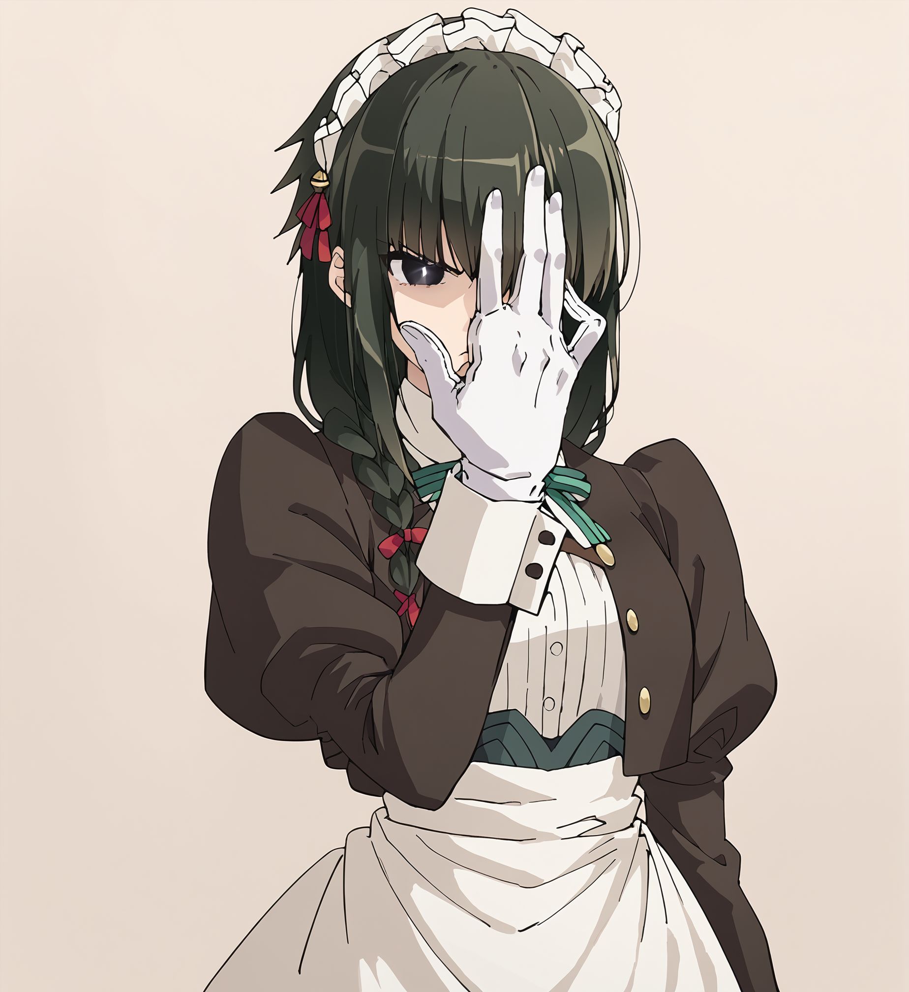 score_9,score_8_up,score_7_up,masterpiece, best quality, <lora:WHM 0.2v:0.5>, WHM, 2D,anime,  
<lora:lelouchposes20241019:0.8>, lelouchposes,hand on own face,>:(,hand over eye,hand up,covering one eye,serious,hair over one eye,glowing, hand over face,hand over face,glowing eye,covering face, v-shaped eyebrows,angry,
BREAK
 yokoya yuki, dark green hair, black eyes, long hair, 1girl, braid, maid, <lora:Yokoya_Yuki-65:0.8>   pantyhose, long black skirt,white maid apron, long  apron, long sleeves,white  gloves,