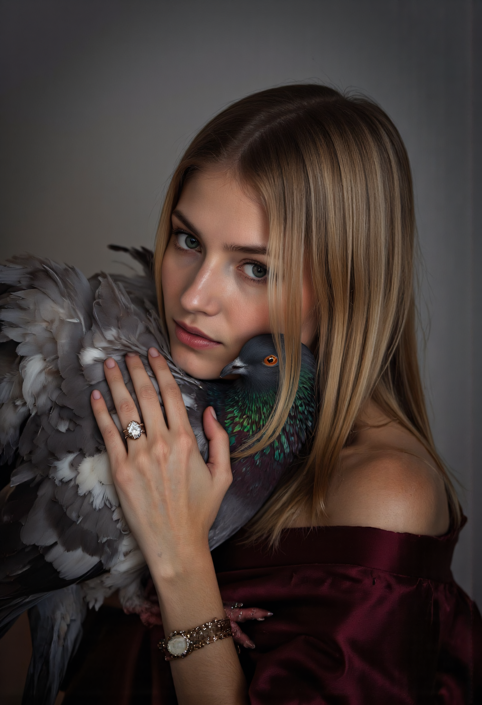 A dramatic portrait photo of a woman with straight blonde hair, gently holding a grey and iridescent pigeon close to her face, wearing a rich burgundy dress and an ornate diamond ring, set against a muted grey background, in the style of yousuf-karsh, ultra-detailed, high contrast, cinematic lighting, evocative and timeless, studio portrait, realistic skin texture, intricate feather and fabric details, 8k resolution.