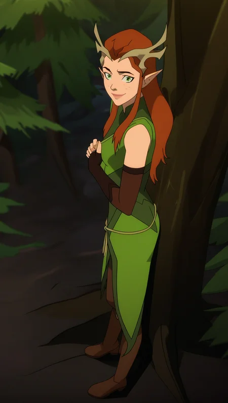 score_9_up, score_8_up, score_7_up, (show accurate style:1.2), source_cartoon , flat colors, Keyleth, 1girl, solo, long hair, orange hair, freckles,  antlers, green eyes, pointy ears, green robes, fingerless elbow gloves, brown boots, full body, forest, leaning on tree,  small smile, mouth closed, dutch angle, high angle, looking at viewer, from side, depth of field, 

Perfect Hands,AddXL