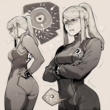 Samus aran, standing, fully clothed, sensing fertilization, score_9, score_8_up, score_7_up,