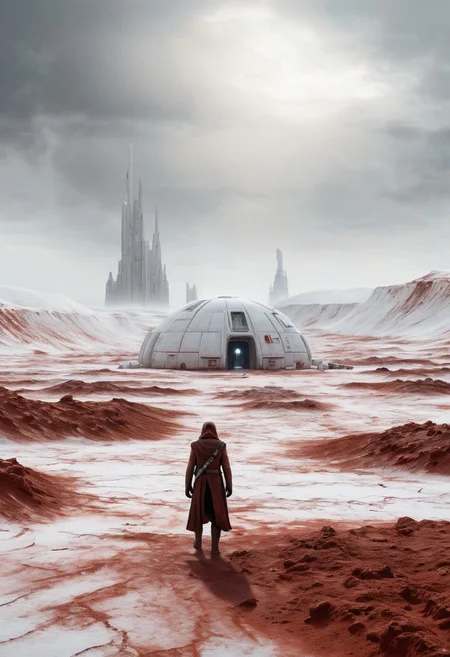 Star Wars-inspired rebel base on planet Crait, covered with a layer of white salt over its red soil, with a lone futuristic wanderer in the distance, approaching the base from afar, barely visible against the stark landscape, interstellar, dramatic backlighting, film grain, Surreal Harmony, 8k uhd, high quality, hdr, sharp photography