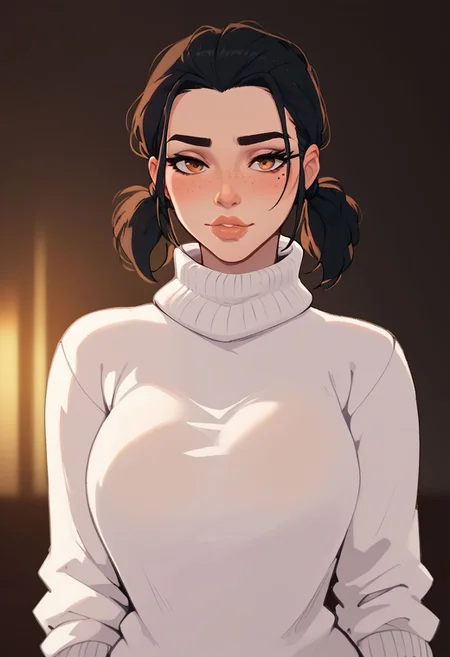 score_9, score_8_up, score_7_up,
1girl, solo, 21yo, English girl, large lips, beautiful eyes, hazel eyes, raven-black hair, pigtails ponytail, medium breasts, slim and athletic girl, pale freckled skin,
((sexy sweater, sexy turtleneck, white sweater)),
(simple blurred background), ((naughty expression, sexy pose, upper body, dynamic angle)),
erotic, elegant, sensual, seductive, bright colors, high contrast, dark background, vivid lighting,
zPDXL,
<lora:NoctFlatStyleV2:1>