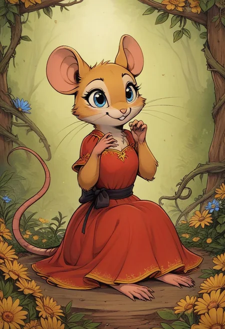 score_9, score_8_up, score_8, (solo), (solo:2), (fluffy:0.8), (feral), outdoors, furry, (((mouse))), female, blue eyes, yellow fur, yellow ears, claws, (fluffy cheeks:0.4), (red dress), cute, in the style of beatrix potter, cel-shading, fca style, sitting, nature, flowers, vines, backlit, c0l0urgl0w, dark, twilight