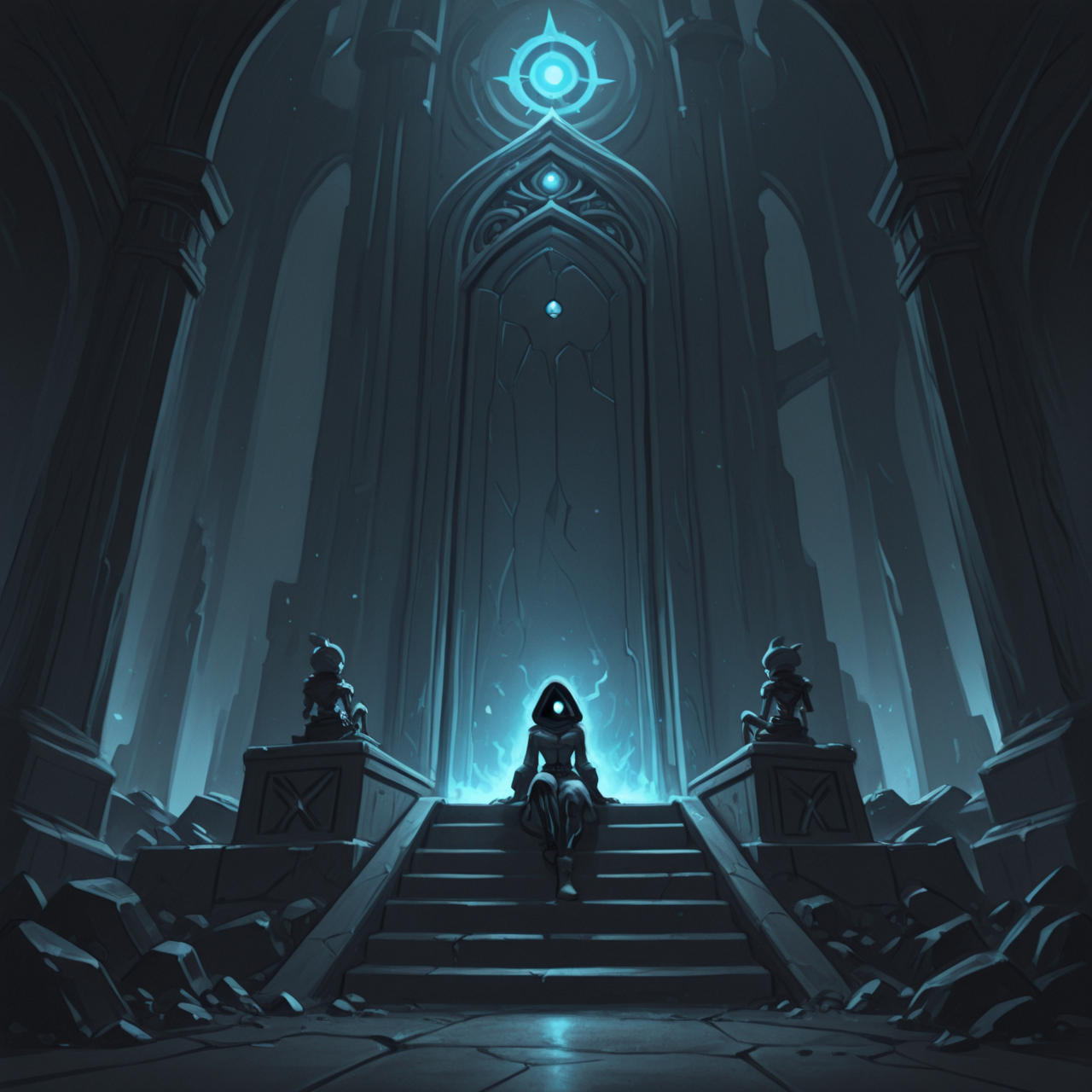 1girl, thief, fantasy, ruins, 
eerie discovery, stumbling upon a forgotten throne room, a skeletal king slumped upon the throne, eerie blue light glowing from empty eye sockets, front view 
 <lora:DarkfireLabs_Splash_of_White:1> monochrome,