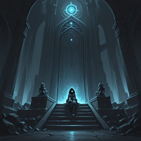 1girl, thief, fantasy, ruins,
eerie discovery, stumbling upon a forgotten throne room, a skeletal king slumped upon the throne, eerie blue light glowing from empty eye sockets, front view
<lora:DarkfireLabs_Splash_of_White:1> monochrome,