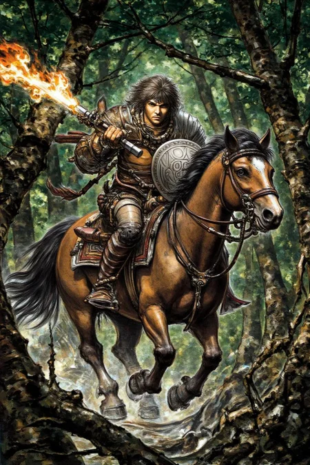 juangimenez1 illustration.
ivanbilibin1. A warrior riding a horse through a dense forest. He is carrying a shield and holding a flaming sword
<lora:juangimenez1_cap_d8a4e12:1.0><lora:857673742719955166:0>