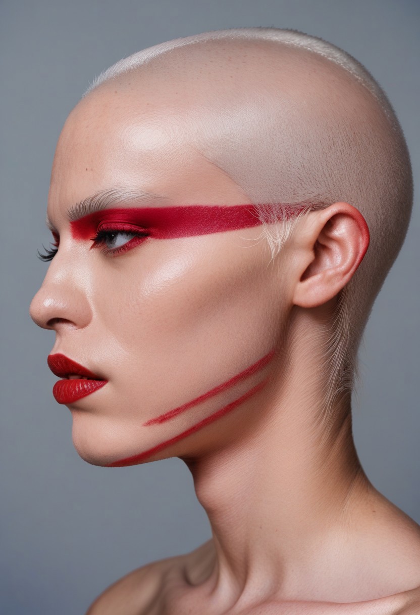 score_9, score_8_up, score_7_up, 
4ngul4rm43keupf4c3p41nt, angularmakeupfacepaint, Angular Makeup Face Paint,, 1girl, solo, short hair, simple background, 1boy, male focus, parted lips, grey background, black eyes, from side, lips, eyelashes, profile, makeup, lipstick, portrait, realistic, red lips, bald