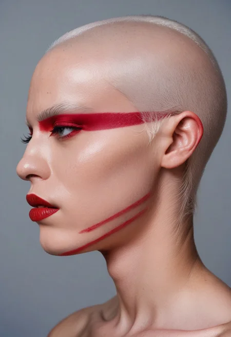 score_9, score_8_up, score_7_up,
4ngul4rm43keupf4c3p41nt, angularmakeupfacepaint, Angular Makeup Face Paint,, 1girl, solo, short hair, simple background, 1boy, male focus, parted lips, grey background, black eyes, from side, lips, eyelashes, profile, makeup, lipstick, portrait, realistic, red lips, bald
