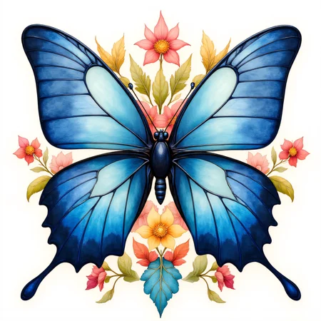 ArsMJStyle, art nouveau,, The image shows a blue butterfly perched atop a vibrant array of flowers and leaves creating a beautiful and eye-catching piece of art., no humans, flower, bug, butterfly, butterfly wings, white background, wings, traditional media, still life, simple background