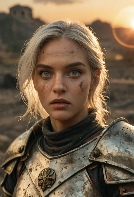 score_9, score_8_up, score_7_up, female, eye, close-up, solo, dynamic angle, white hair, golden knight armor, warpaint, shocked, terror, shiny, ash, dirty face,  lens flare, sunset, battlefield, smoke on background, medieval fantasy, cinematic, movie, highly detailed, high contrast, film grain, superabsurd res, 8k