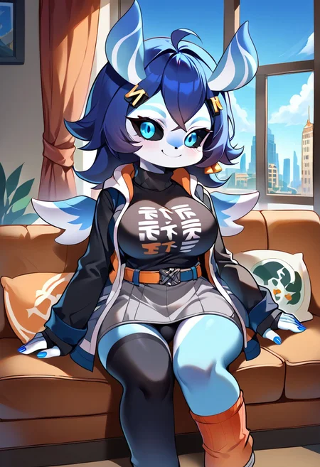 score_9, score_8_up, source_anime, source_furry, full body, 1futa, solo, mature female, curvy, (large breasts:1.5), (large bulge:1.2), (long hair:1.5), (bright blue eyes:1.5), (black sclera:1.5), glowing eyes, (blue nails:1.5), belle, blue hair, hair ornament, belt, black shirt, black thighhighs, clothes writing, earrings, fingerless gloves, gloves, grey shorts, jewelry, long sleeves, orange belt, orange flower, orange socks, shirt, single fingerless glove, single thighhigh, jacket, hoodie, turtleneck, melusine, straight ears, stubby tail, wings, blue skin, crossed bangs, flipped hair, chibi, smile, sitting on couch, sexy pose, seductive look, room, window, curtains, cityscape, blue sky