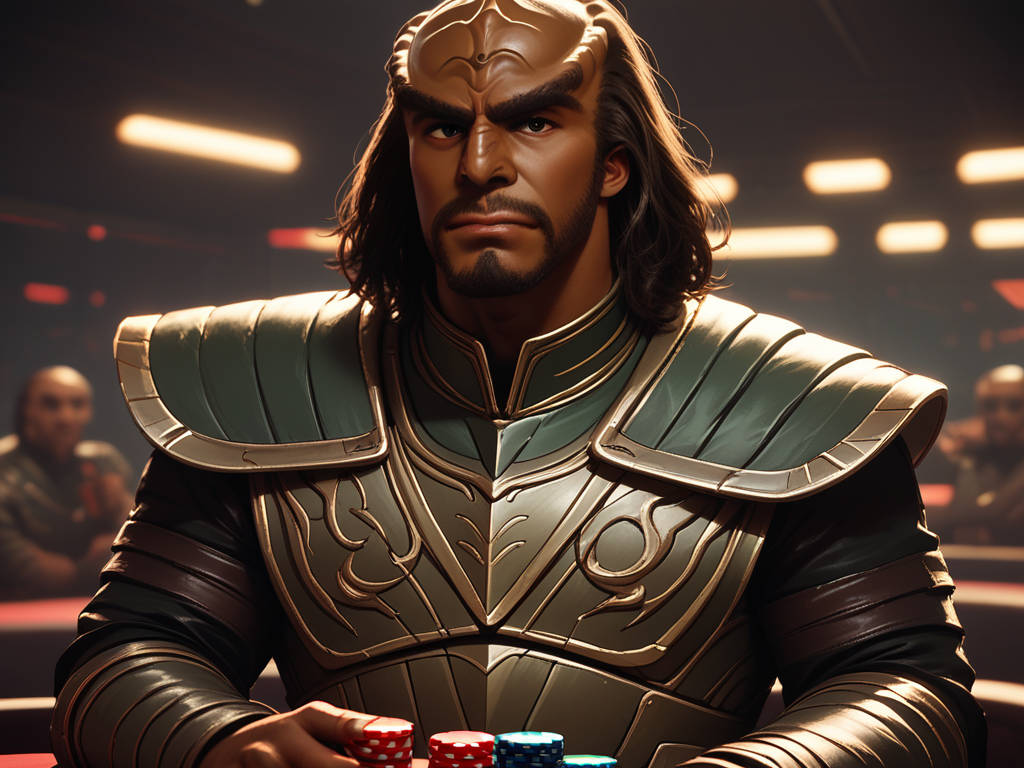 playing poker <lora:Klingon_v2_pony:1> score_9,score_8_up,score_7_up,score_6_up,score_5_up,score_4_up , 1man, kling0n alien, large forehead ridges, brown skin, large eyebrows, wearing warrior armor,