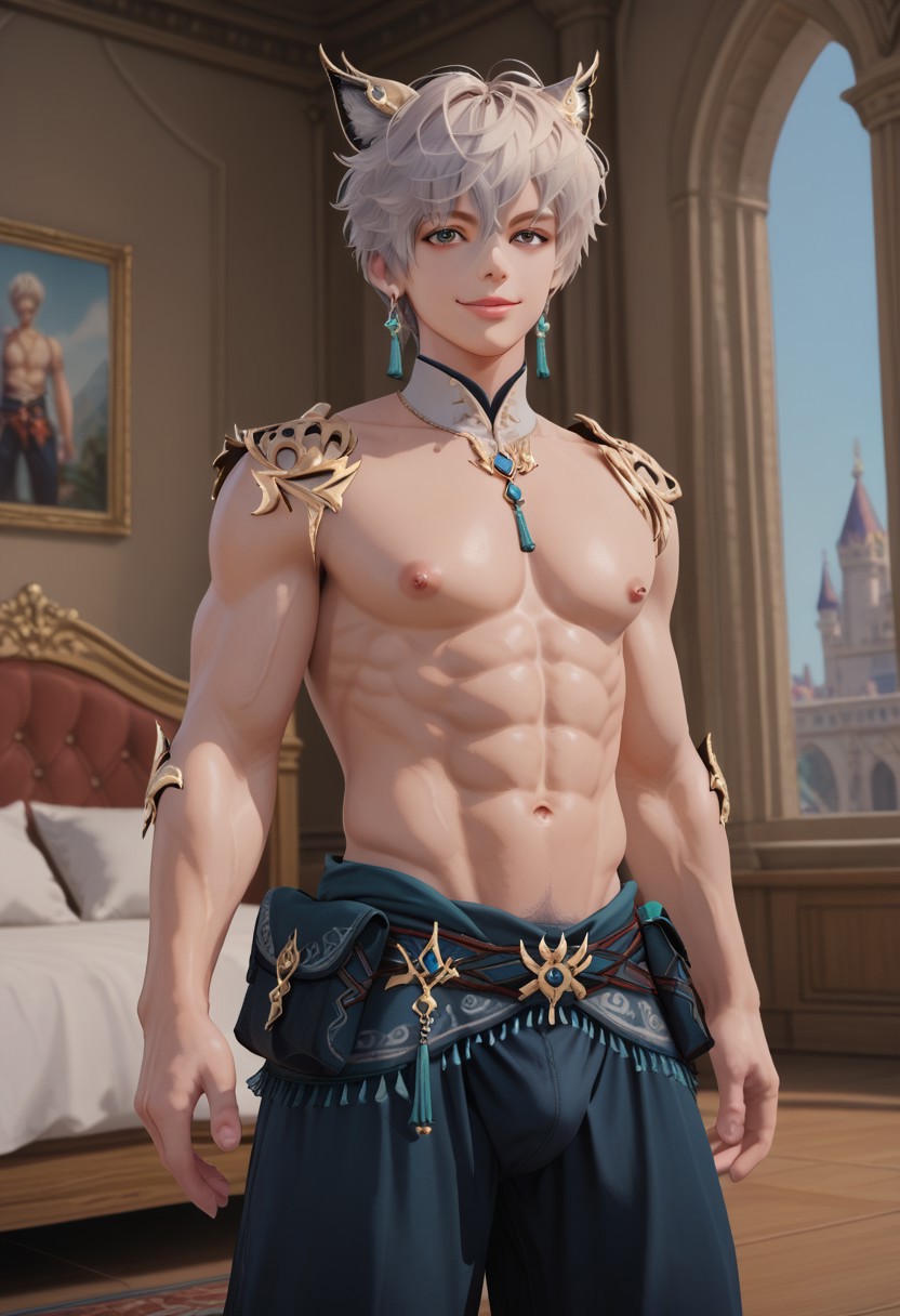 score_9, score_8_up, score_7_up, 1boy, solo, male focus, PahuLA, boy, wolfboy, short boy, white hair, wolf ears, gray eyes, earrings, white pale skin, handsome boy, dynamic angle, looking at viewer, male model standing on his elegant bedroom, nude, naked, bare shoulder, round pecs, nipples, abs, pillows, slim muscular, gay, homoerotic, confident, sexy, half smile, abs, pecs, nipples, v-line, muscular bubble butt, pubic hair, Penis Pouch, strapless underwear, bulge, relaxed and carefree vibe, indoors, bedroom, palace, elegant atmosphere, high quality, realistic, hd render,