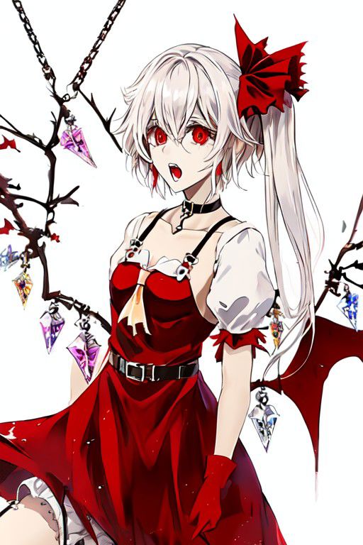 flandre_scarlet_(koumajou_densetsu), wh1te, wings, choker, white chain, bat wings, o-ring, garter belt, skull, harness, bondage harness, body harness, breasts,