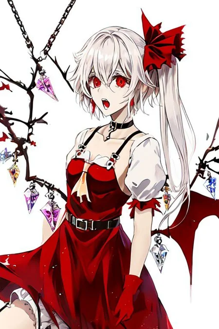 flandre_scarlet_(koumajou_densetsu), wh1te, wings, choker, white chain, bat wings, o-ring, garter belt, skull, harness, bondage harness, body harness, breasts,