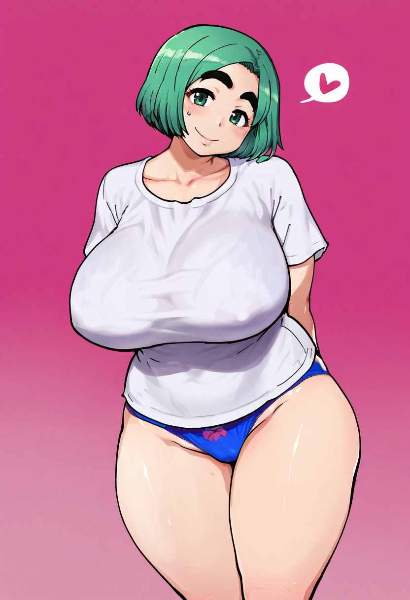 score_9, score_7_up,  1girl, 
huge breasts, wide hips, thick thighs, smile, t-shirt, thick eyebrows, genderswap \(mtf\), white shirt, underwear, short hair, shirt, genderswap, head tilt, no pants, blue panties, thighs, green hair, solo, panties, artist name, cowboy shot, breasts, sweatdrop, green eyes, looking at viewer, bob cut, arms behind back, plump, short sleeves, heart, tsurime
 <lora:shiwasu_no_okina-Style-PonyXL-GLoRA-000047:1>