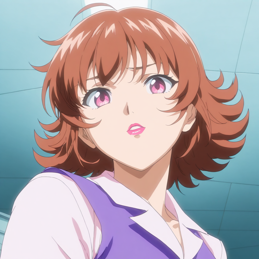 solo,looking at viewer,upper_body,portrait,masterpiece,high score,great score,absurdres,anime coloring,<lora:Madoka_Suehiro ag4o v1:1> madoka_suehiro, brown hair, short hair, pink eyes, lipstick,purple suit,vest,