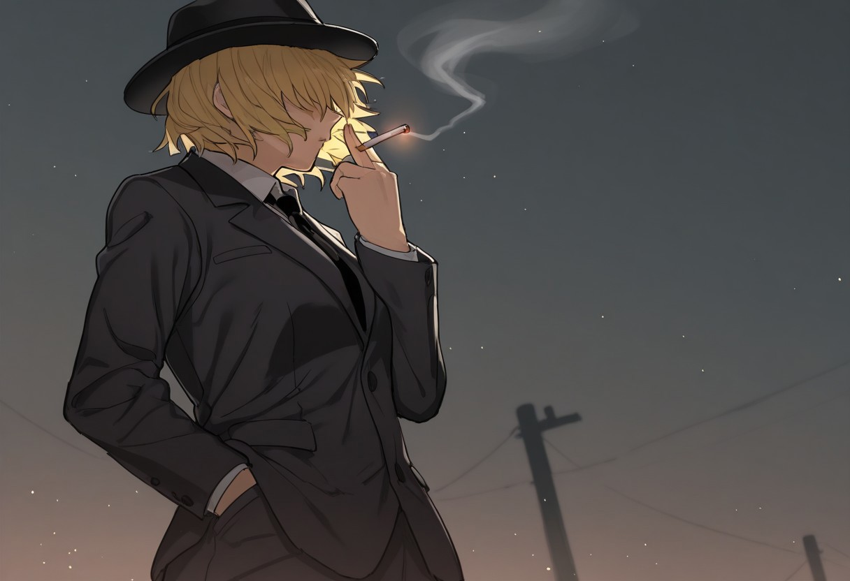 best quality, hires, from below,
1girl, solo, jigen \(cookie\),
blonde hair, short hair, fedora, black hat, black necktie,
collared shirt, blazer,
hair over eyes,
from side, holding cigarette, hand up,
smoking, smoke trail,
floating clothes, (floating hair),
standing, outdoors, hand in pocket, light particles,