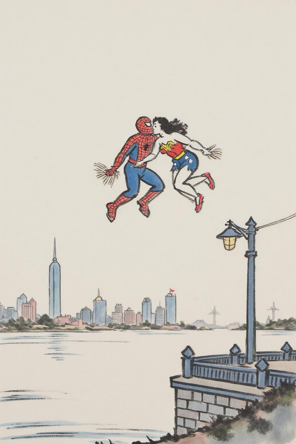 fzk1 ink painting. Spider-man and Wonder Woman kissing, floating above Shanghai <lora:fzk2_nocap_d6a3:1.0><lora:815029770514369136:0>