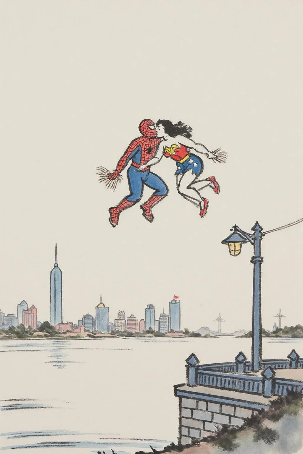 fzk1 ink painting. Spider-man and Wonder Woman kissing, floating above Shanghai <lora:fzk2_nocap_d6a3:1.0><lora:815029770514369136:0>