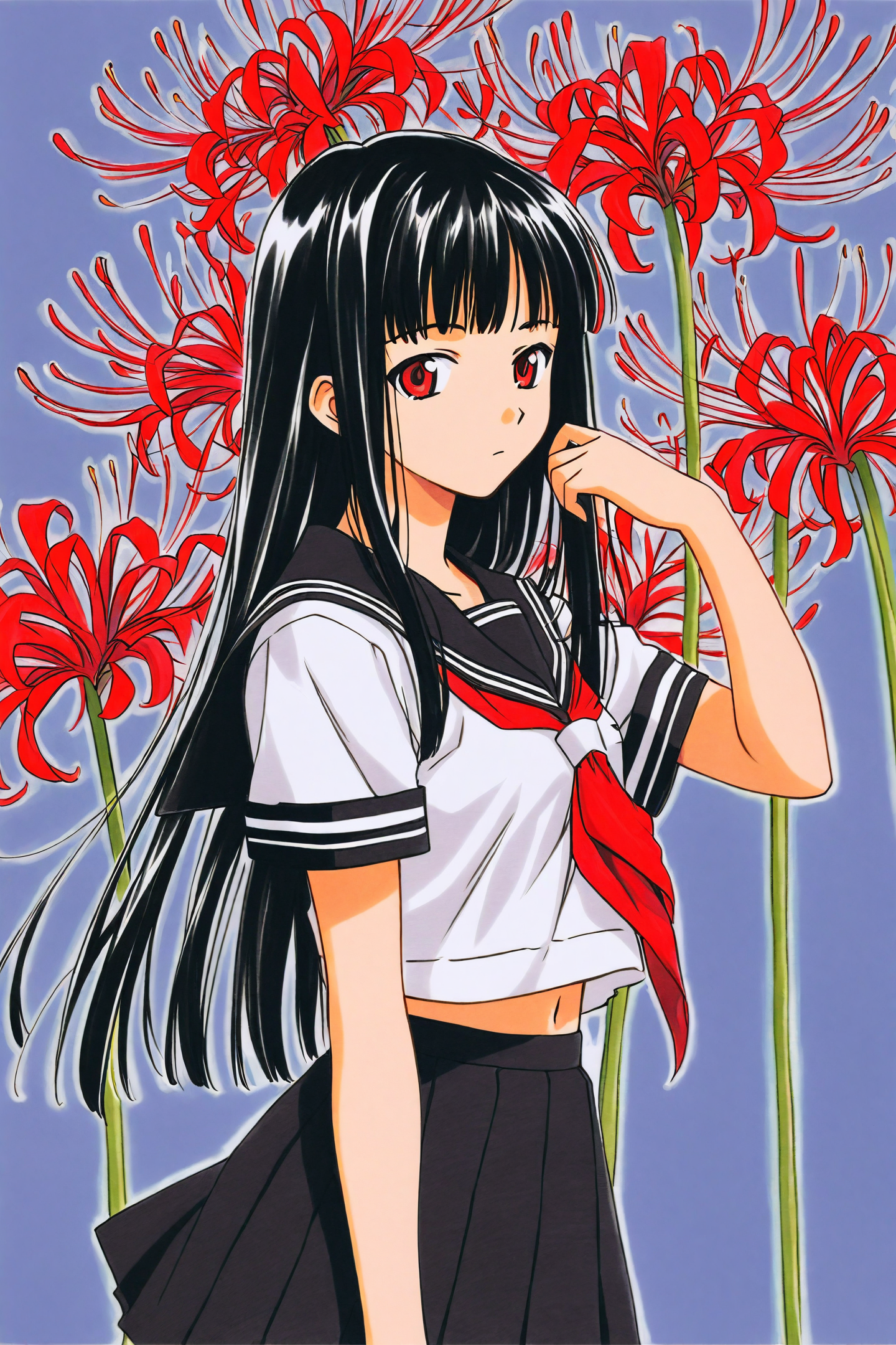 Enma Ai,1girl,flower,solo,long hair,spider lily,skirt,school uniform,red eyes,black hair,serafuku,pleated skirt,navel,black skirt,bangs,short sleeves,neckerchief,red flower,looking at viewer,midriff peek,sailor collar,closed mouth,red neckerchief,shirt,blunt bangs,hand up,white shirt,midriff,standing,traditional media,
<lora:Akamatsu Ken_XL:1>,