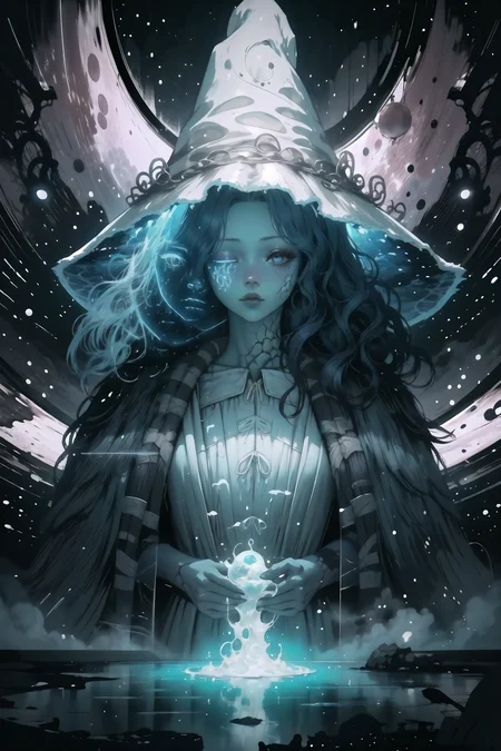 High Quality, Masterpiece, <lora:AnzhcDreamwave v3_1 watermark fix:1>, anzhcdreamwave, aesthetic, 8k unreal engine photorealism, ethereal lighting, purple, nighttime, darkness, surreal art, fantasy, glowing, night, (dark environment), <lora:Style_DarkIncursioStyle:0.75>, Embark on a color rhapsody, with swirling movements, rhythmic brushwork, and harmonious yet unpredictable color combinations that create a composition alive with visual dynamism and chaos, Ranni, wavy hair, colored skin, blue skin, cracked skin, extra arms, extra faces, white dress, hat, cloak, <lora:Char_EldenRing_Ranni:0.9>, ExtraFacesRanni, <lora:Looks_ExtraFaces:0.75>,