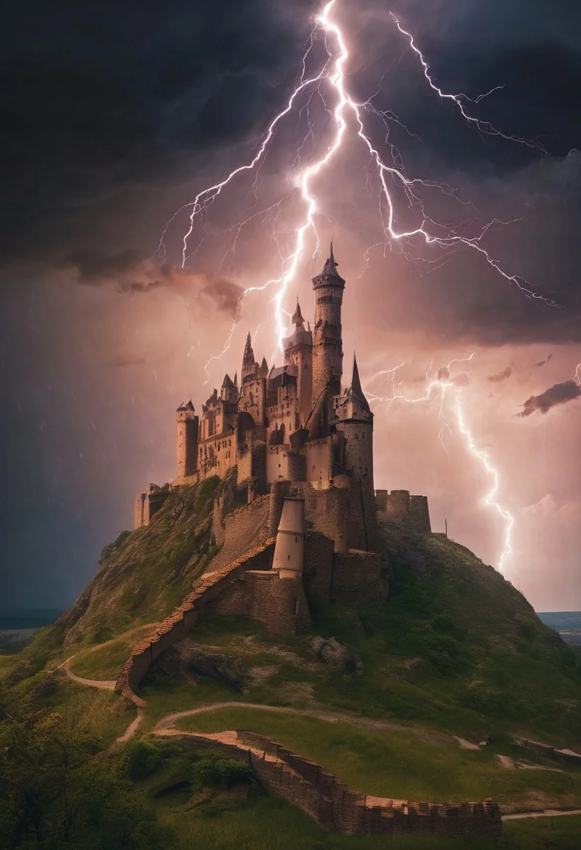 vary large lightning storm over a apocalyptic castle.
wide lens, long shot, 
 scenic background, epic landscape, scenery artwork, atmospheric perspective, scale, perspective distortion, perspective lines,
visible rivets, shadows, metallic sheen, utilitarian, functional, immersive, transport, technological, atmospheric, depth, dynamic composition, full body character portrait landscape,
style-rustmagic,