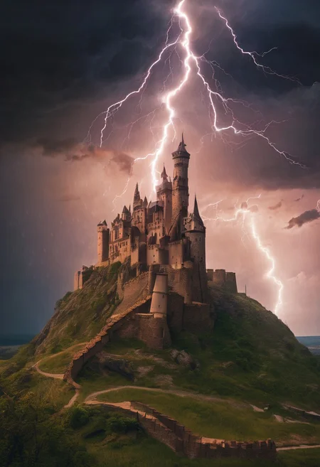 vary large lightning storm over a apocalyptic castle.
wide lens, long shot,
scenic background, epic landscape, scenery artwork, atmospheric perspective, scale, perspective distortion, perspective lines,
visible rivets, shadows, metallic sheen, utilitarian, functional, immersive, transport, technological, atmospheric, depth, dynamic composition, full body character portrait landscape,
style-rustmagic,