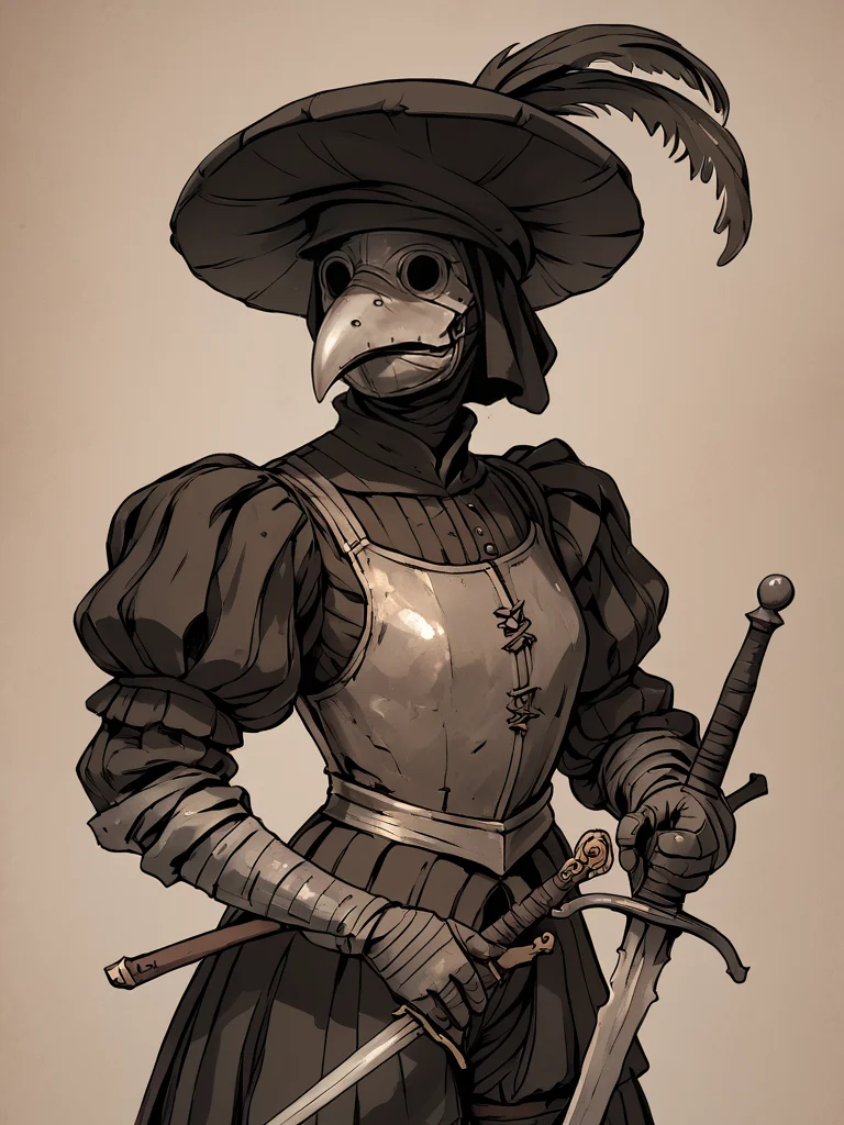 sketch, 1girl, <lora:AntiqueSketch:1> antique sketch, sepia., monochrome, traditional media, brown theme landsknecht, hat, armor, 1girl, puffy sleeves, sketch, textured background, <lora:PlagueDoctor:1> plague doctor, mask, <lora:Landsknecht:1> landsknecht, weapon, sword, hat, armor, 1girl, puffy sleeves, score_9, score_8_up, score_7_up, score_6_up, score_5_up, score_4_up, BREAK