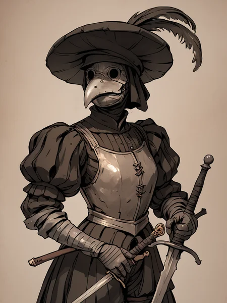 sketch, 1girl, <lora:AntiqueSketch:1> antique sketch, sepia., monochrome, traditional media, brown theme landsknecht, hat, armor, 1girl, puffy sleeves, sketch, textured background, <lora:PlagueDoctor:1> plague doctor, mask,  <lora:Landsknecht:1> landsknecht, weapon, sword, hat, armor, 1girl, puffy sleeves, score_9, score_8_up, score_7_up, score_6_up, score_5_up, score_4_up, BREAK