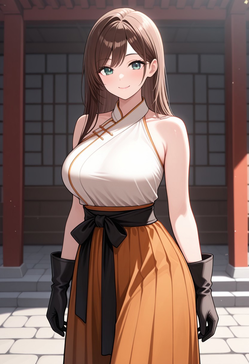 masterpiece, best quality, 32k, high resolution, absurdres, monk, 1girl, solo, looking at viewer, large breasts, bare shoulders, standing, smile, brown hair, gloves, closed mouth