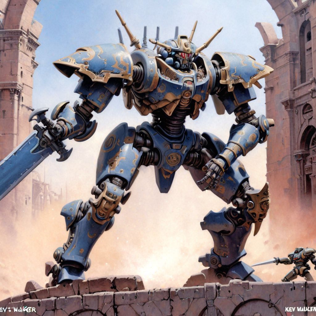 evoKevWalker, mtg, fantasy painting, art by kev walker, mecha, solo mecha, sword, detailed, realistic, battle pose, background cyber colluseum