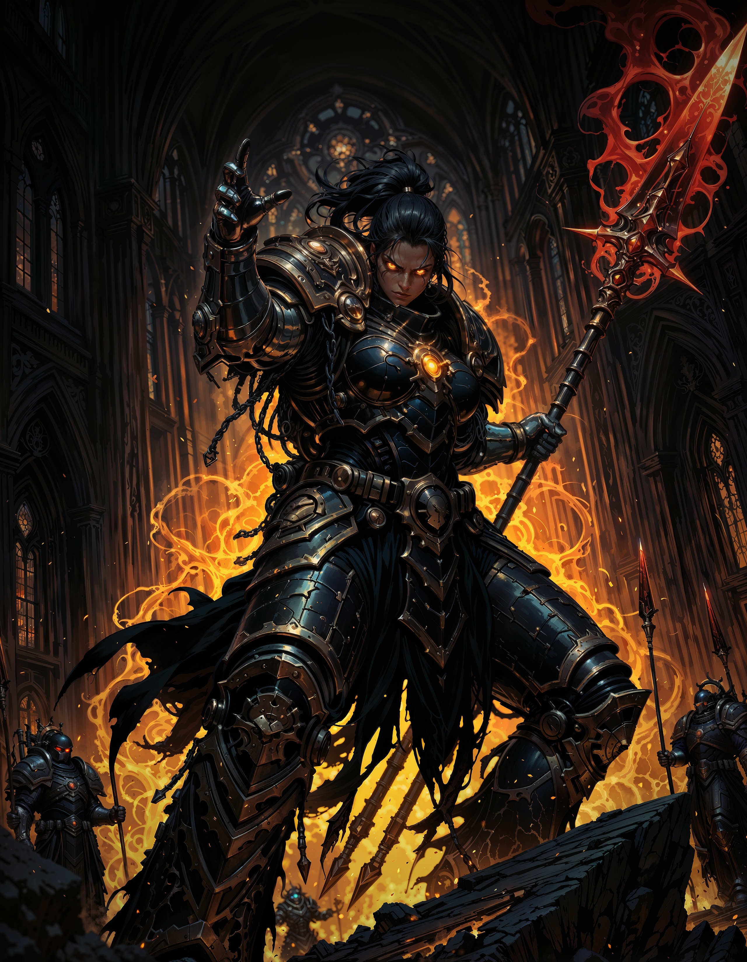 masterpiece, best quality,high quality, newest, highres,8K,HDR,absurdres, 1girl, iLLFerrusM40k, armor, metallic arms, weapon, glowing eyes, dark fantasy, holding spear, floating, ethereal aura, red and black color scheme, golden ornaments, looking at viewer, battle stance, supernatural energy, shadowy background, gothic architecture, dynamic pose, dramatic lighting, detailed background, depth of field, dynamic composition, foreshortening, detailed background, dynamic pose, dynamic composition,dutch angle, detailed backgroud,foreshortening,blurry edges,  <lora:iLLFerrusM40k:1> <lora:iLLMythM4gicalL1nes:0.8> M4gicalL1nes